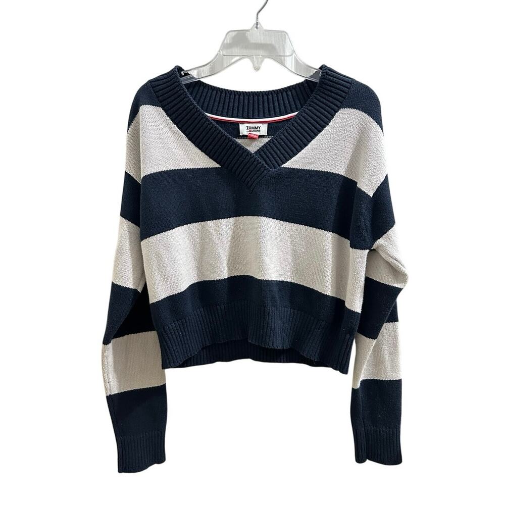Tommy Jeans Navy & White Striped V-neck Cropped Pullover Knit Sweater EUC !